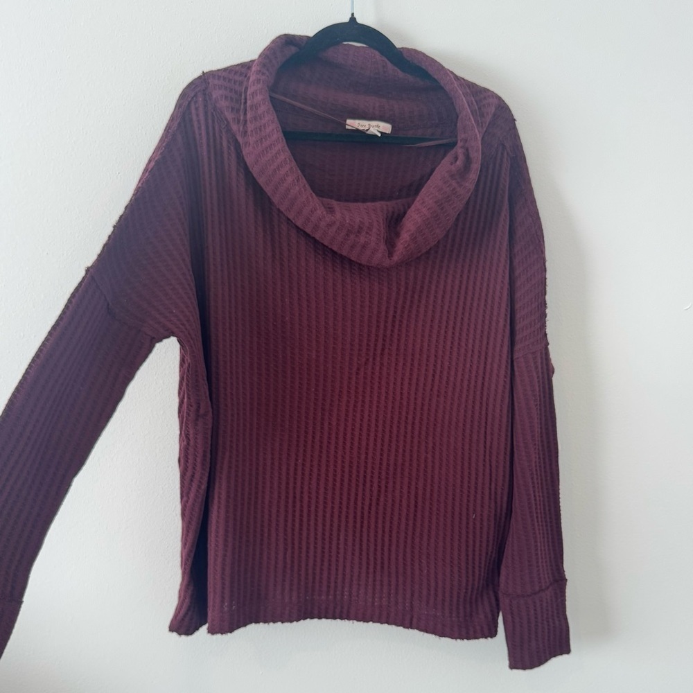 NWT Free People Waffle Knit Hooded Pullover Burgundy Size Small - Picture 1 of 7